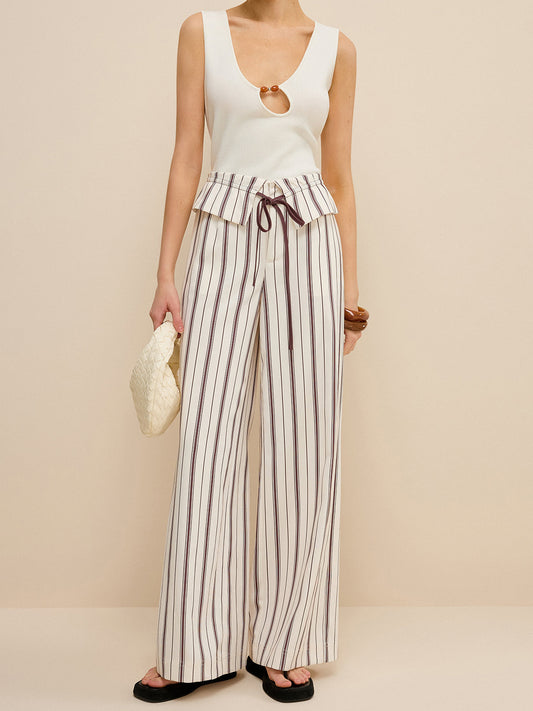 Peplum Bel Detaylı Çizgili Geniş Paçalı Pantolon