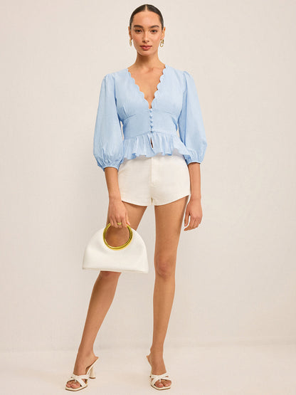 Kenarları Fırfırlı V Yakalı, Kabarık Kollu Peplum Bluz