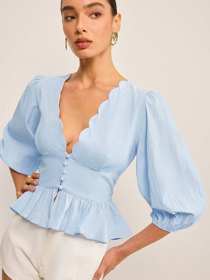 Kenarları Fırfırlı V Yakalı, Kabarık Kollu Peplum Bluz