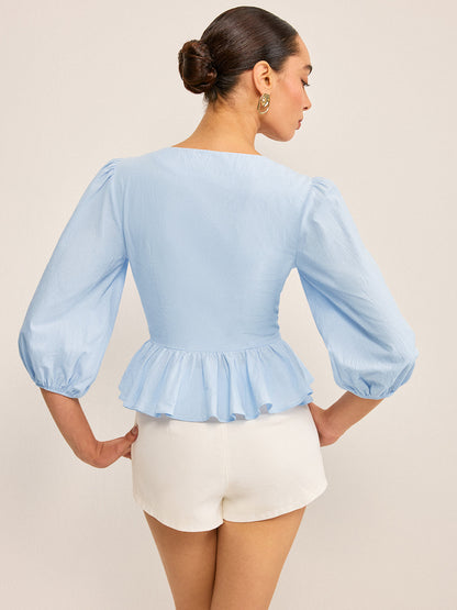 Kenarları Fırfırlı V Yakalı, Kabarık Kollu Peplum Bluz