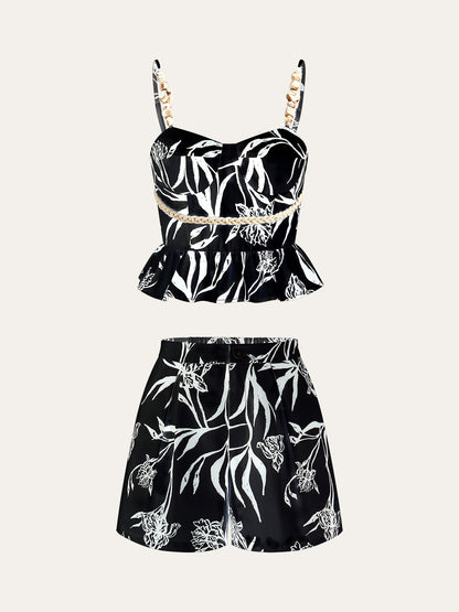 Çiçek Desenli Peplum Bluz Ve Şort Takımı