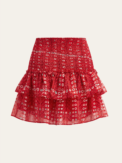 Boho Baskılı Büzgülü Katlı Mini Etek
