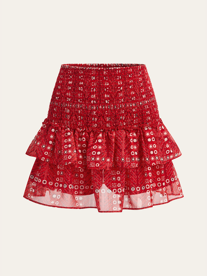 Boho Baskılı Büzgülü Katlı Mini Etek