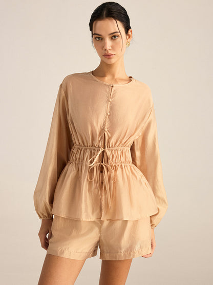 Tencel Kumaştan Bağlamalı Bel Detaylı Bluz Ve Şort Takımı