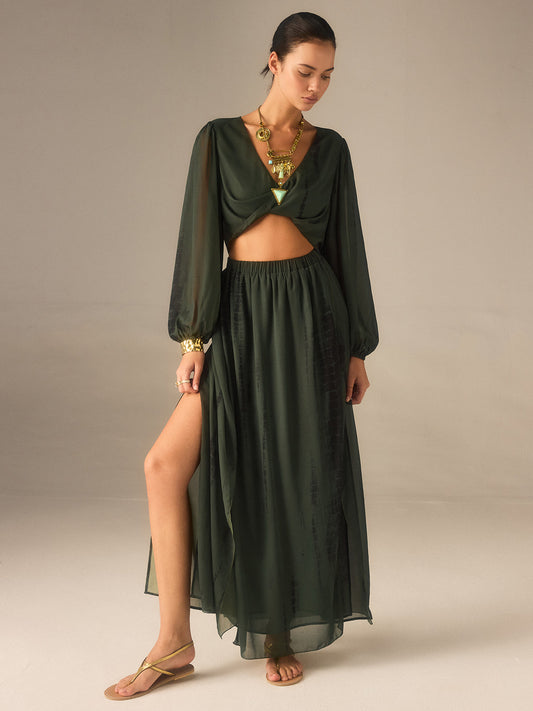 Şifon Crop Top Ve Yırtmaçlı Maxi Etek Takımı