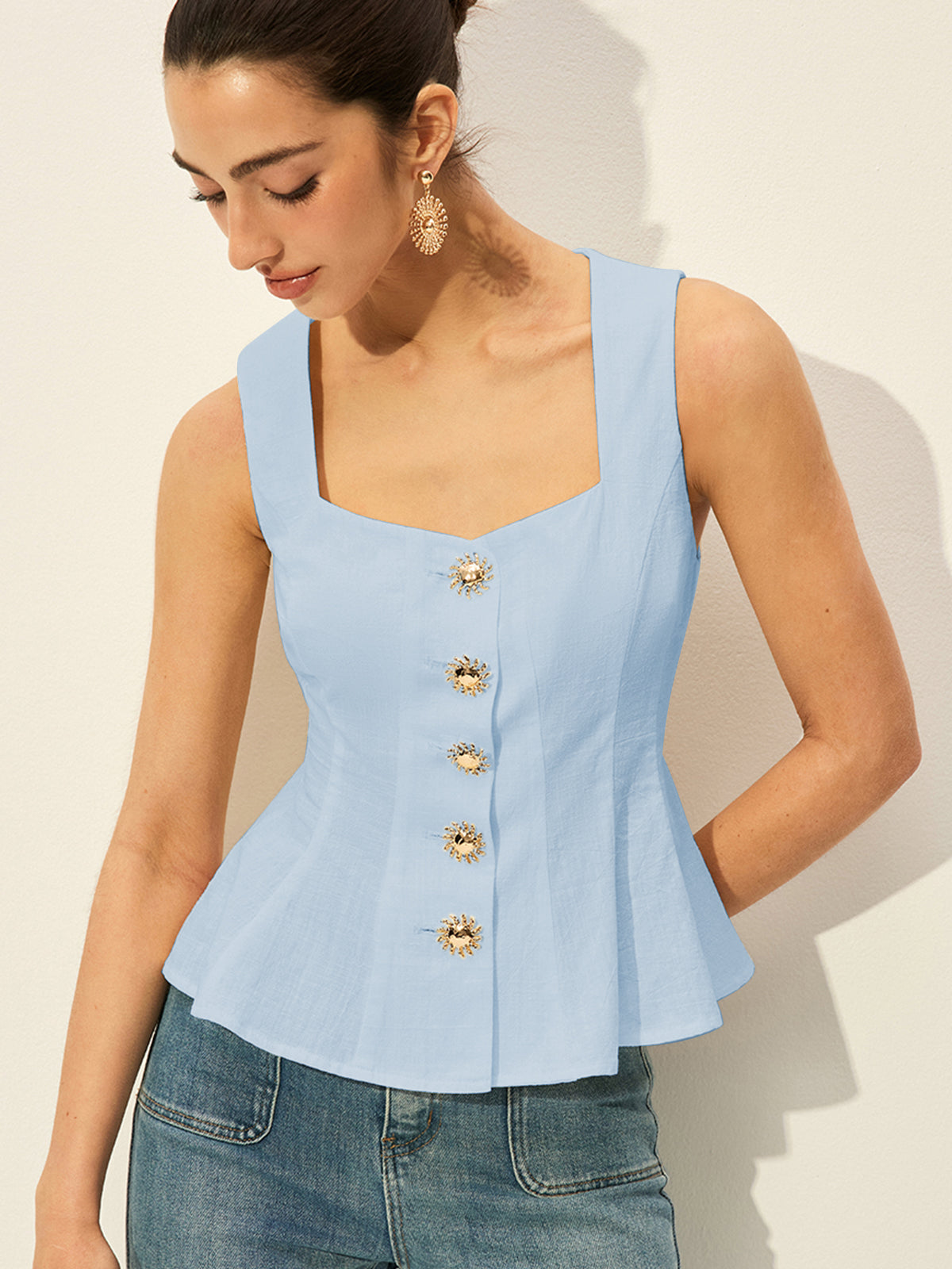Kare Yakalı, Düğmeli, Peplum Detaylı Bluz