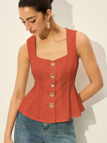 Kare Yakalı, Düğmeli, Peplum Detaylı Bluz