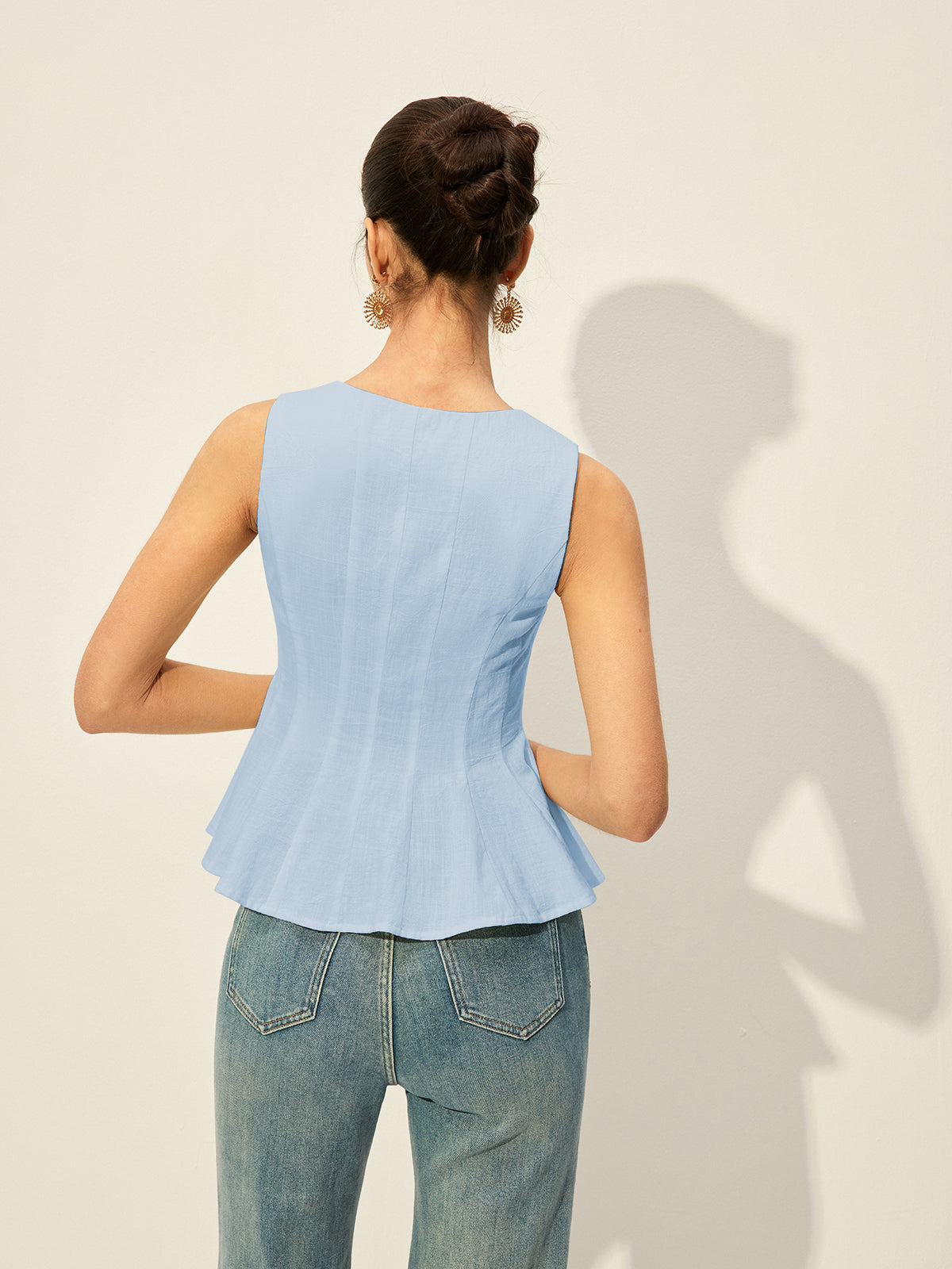 Kare Yakalı, Düğmeli, Peplum Detaylı Bluz