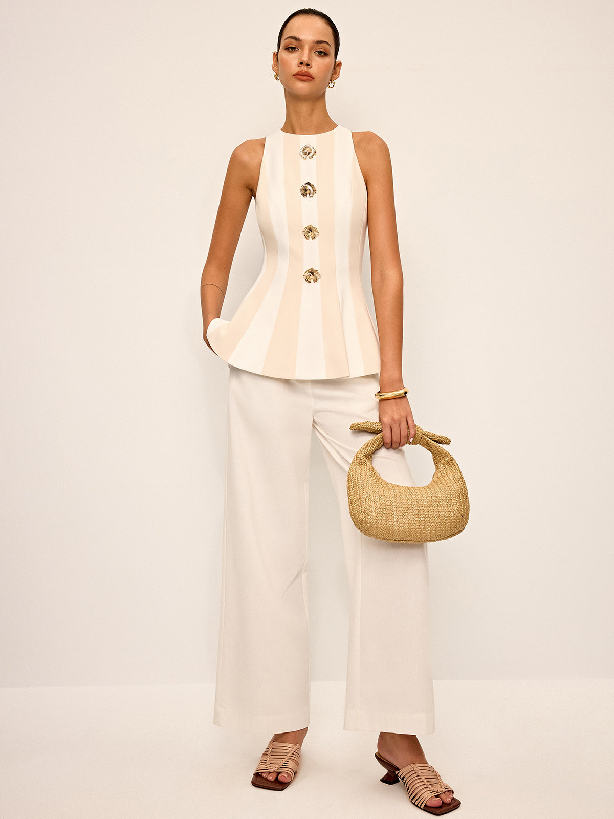 Çizgili Kolsuz Peplum Bluz