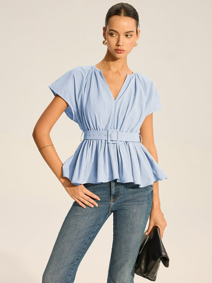 Kemerli V Yakalı Pileli Peplum Bluz