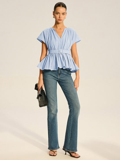 Kemerli V Yakalı Pileli Peplum Bluz