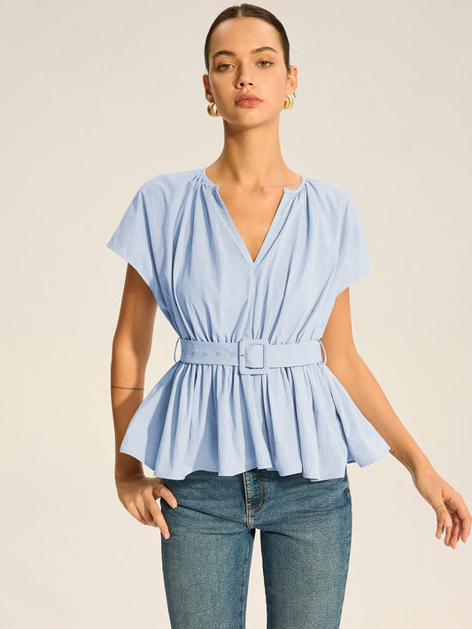 Kemerli V Yakalı Pileli Peplum Bluz