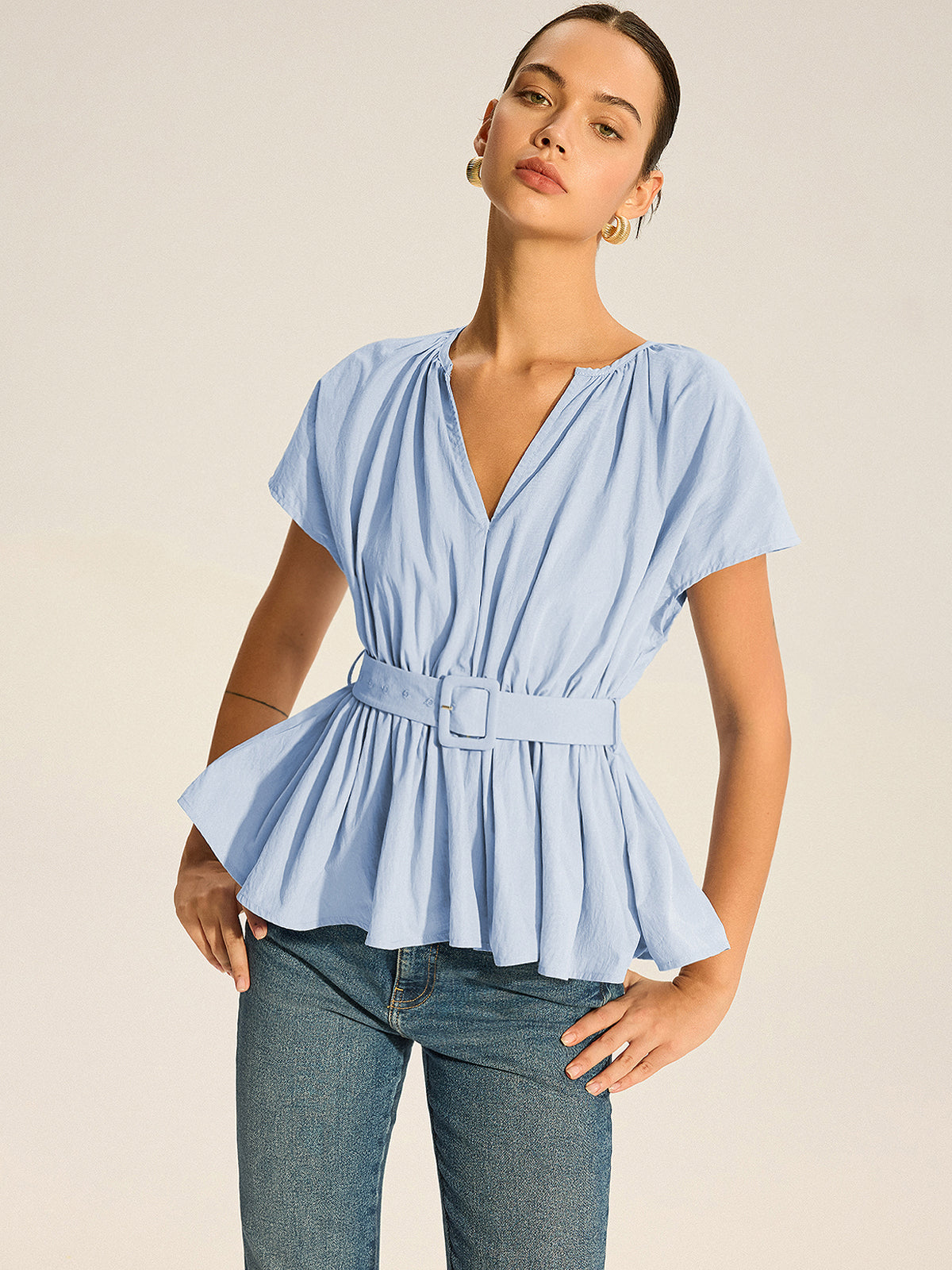 Kemerli V Yakalı Pileli Peplum Bluz