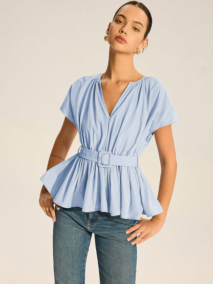 Kemerli V Yakalı Pileli Peplum Bluz