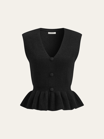 Düğmeli V Yaka Örme Peplum Yelek
