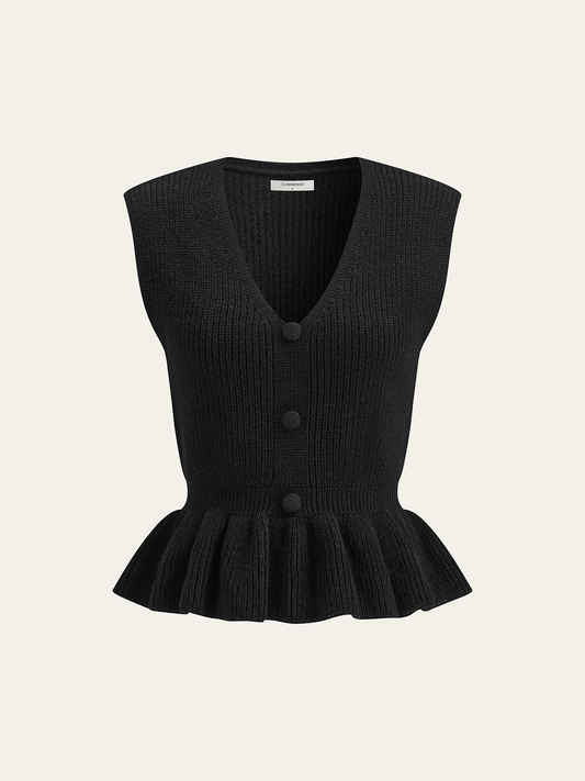 Düğmeli V Yaka Örme Peplum Yelek