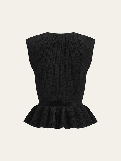 Düğmeli V Yaka Örme Peplum Yelek
