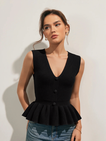 Düğmeli V Yaka Örme Peplum Yelek