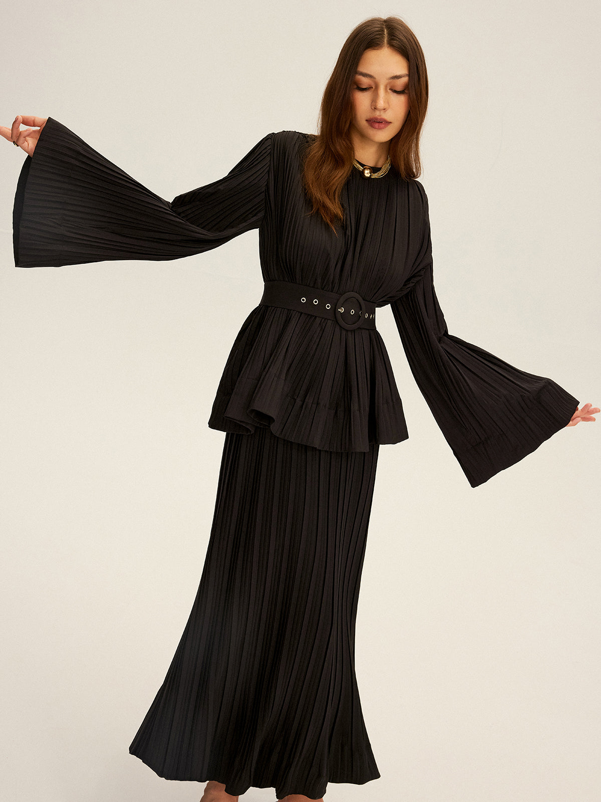 Pileli, Çan Kollu, Kemerli, Peplum Detaylı Bluz