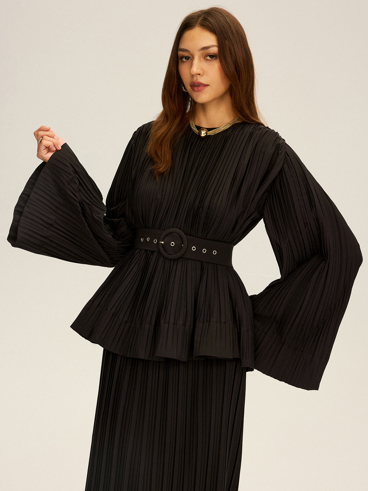 Pileli, Çan Kollu, Kemerli, Peplum Detaylı Bluz