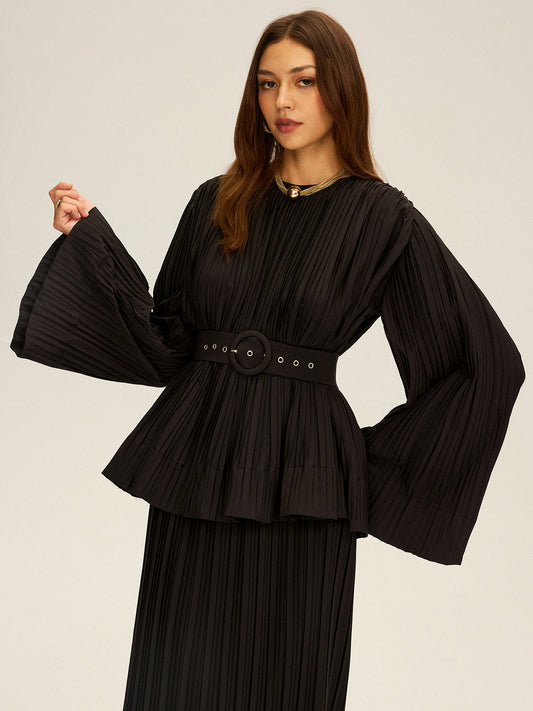 Pileli, Çan Kollu, Kemerli, Peplum Detaylı Bluz