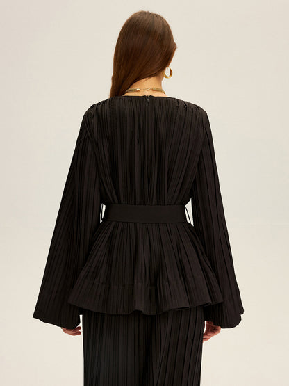 Pileli, Çan Kollu, Kemerli, Peplum Detaylı Bluz