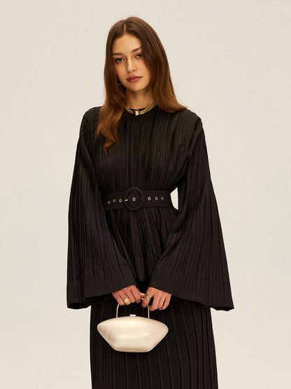 Pileli, Çan Kollu, Kemerli, Peplum Detaylı Bluz