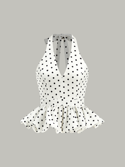 Puantiyeli Askılı Peplum Bluz
