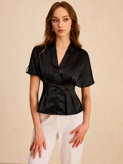 Saten Pileli Düğmeli Peplum Bluz