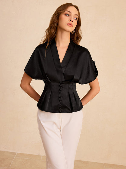 Saten Pileli Düğmeli Peplum Bluz
