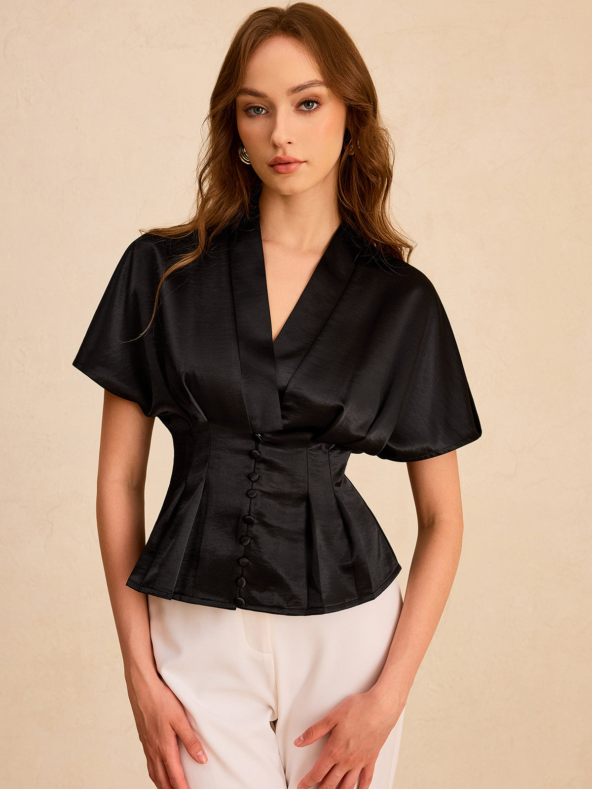 Saten Pileli Düğmeli Peplum Bluz