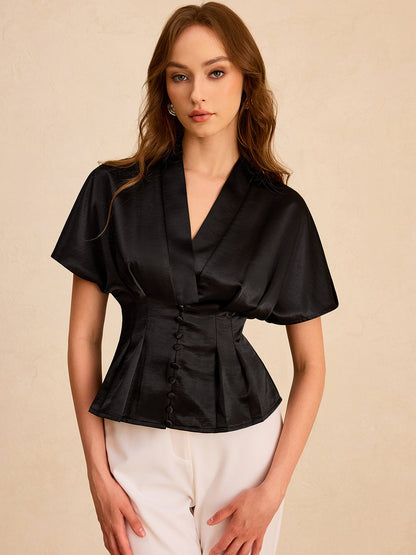 Saten Pileli Düğmeli Peplum Bluz
