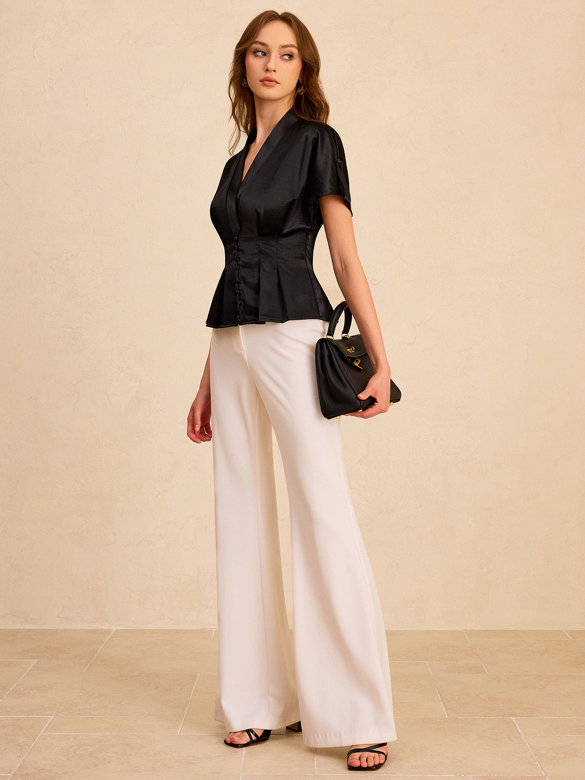 Saten Pileli Düğmeli Peplum Bluz