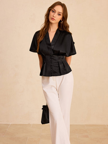 Saten Pileli Düğmeli Peplum Bluz