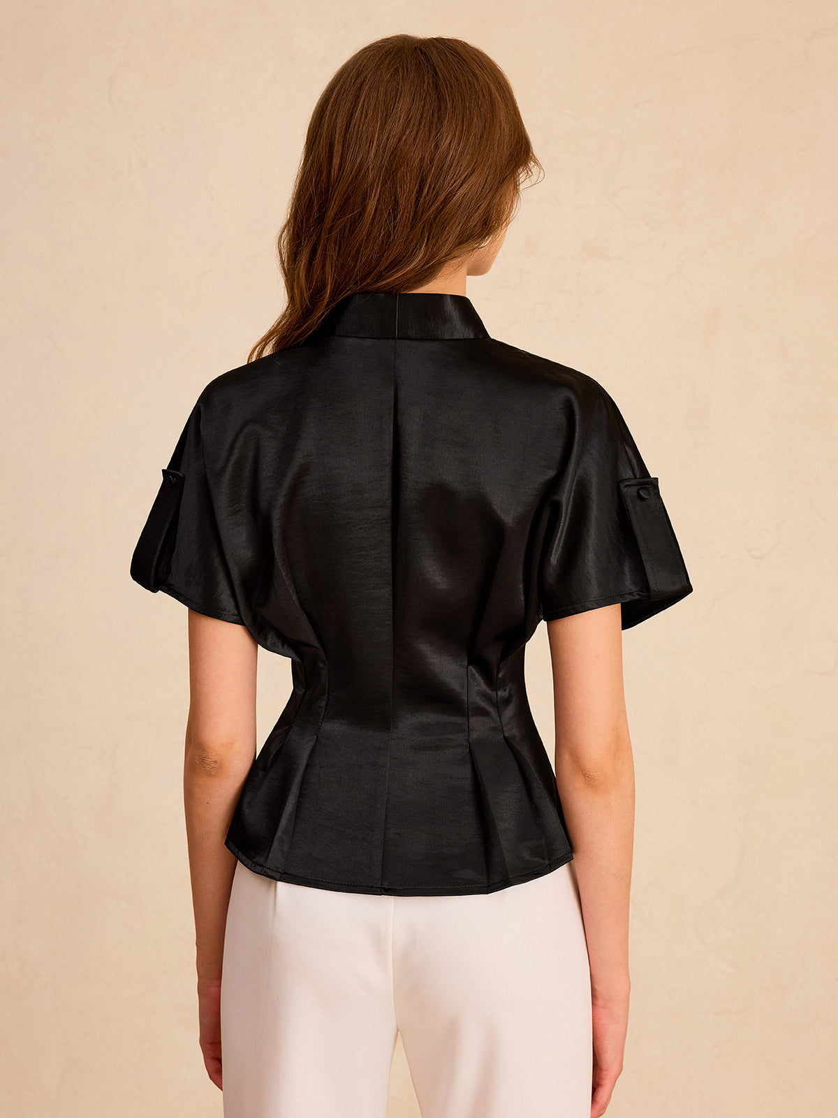 Saten Pileli Düğmeli Peplum Bluz