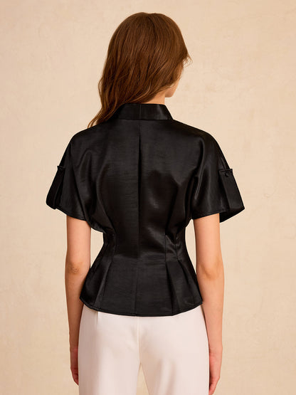 Saten Pileli Düğmeli Peplum Bluz