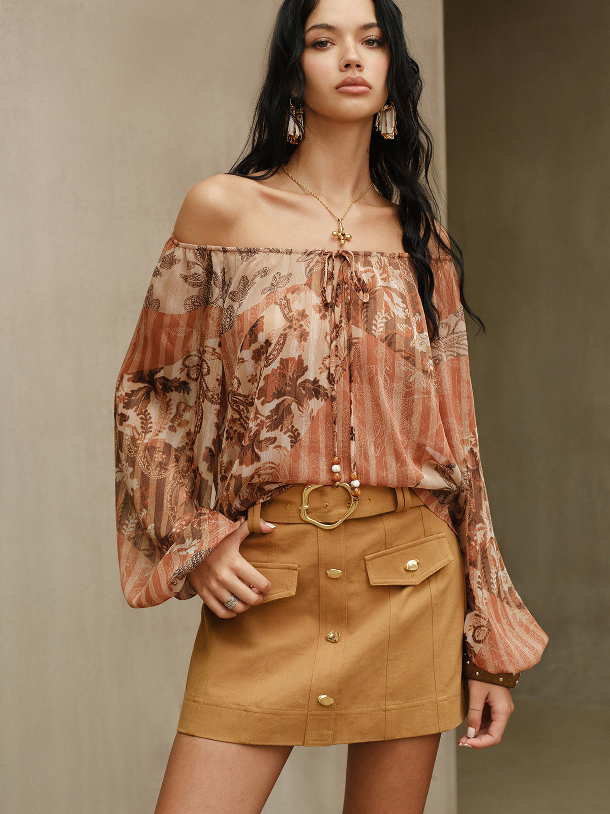 Boho Desenli Yarı Şeffaf Şifon Bağlamalı Bluz