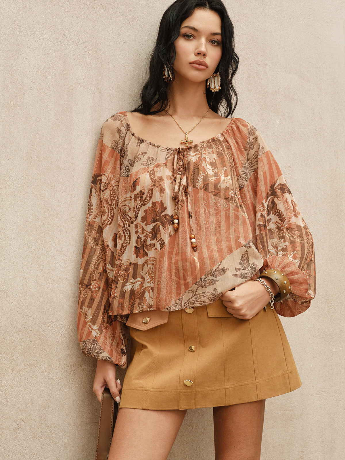 Boho Desenli Yarı Şeffaf Şifon Bağlamalı Bluz