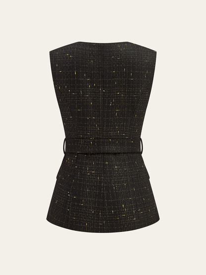Tweed Kemerli Kolsuz Yelek