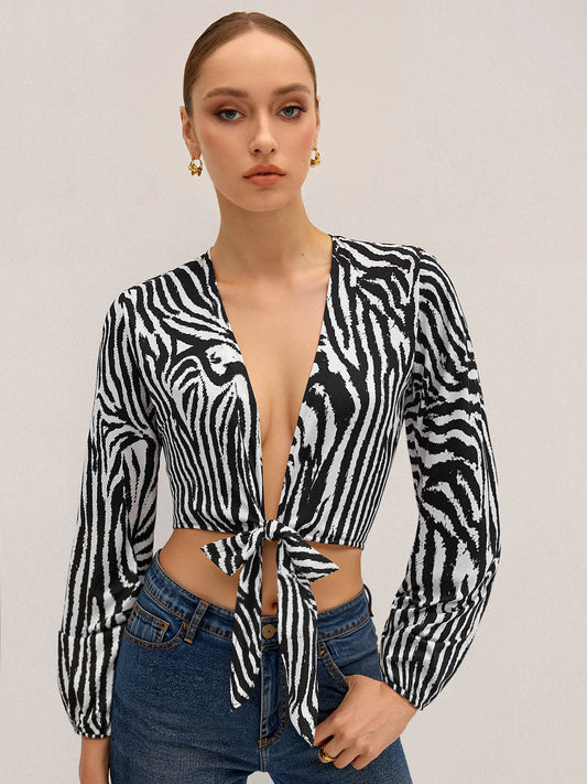 Zebra Desenli Önden Bağlamalı Bluz