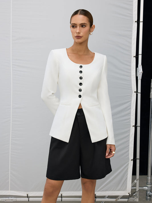 Kare Yakalı Düğmeli Blazer Ceket