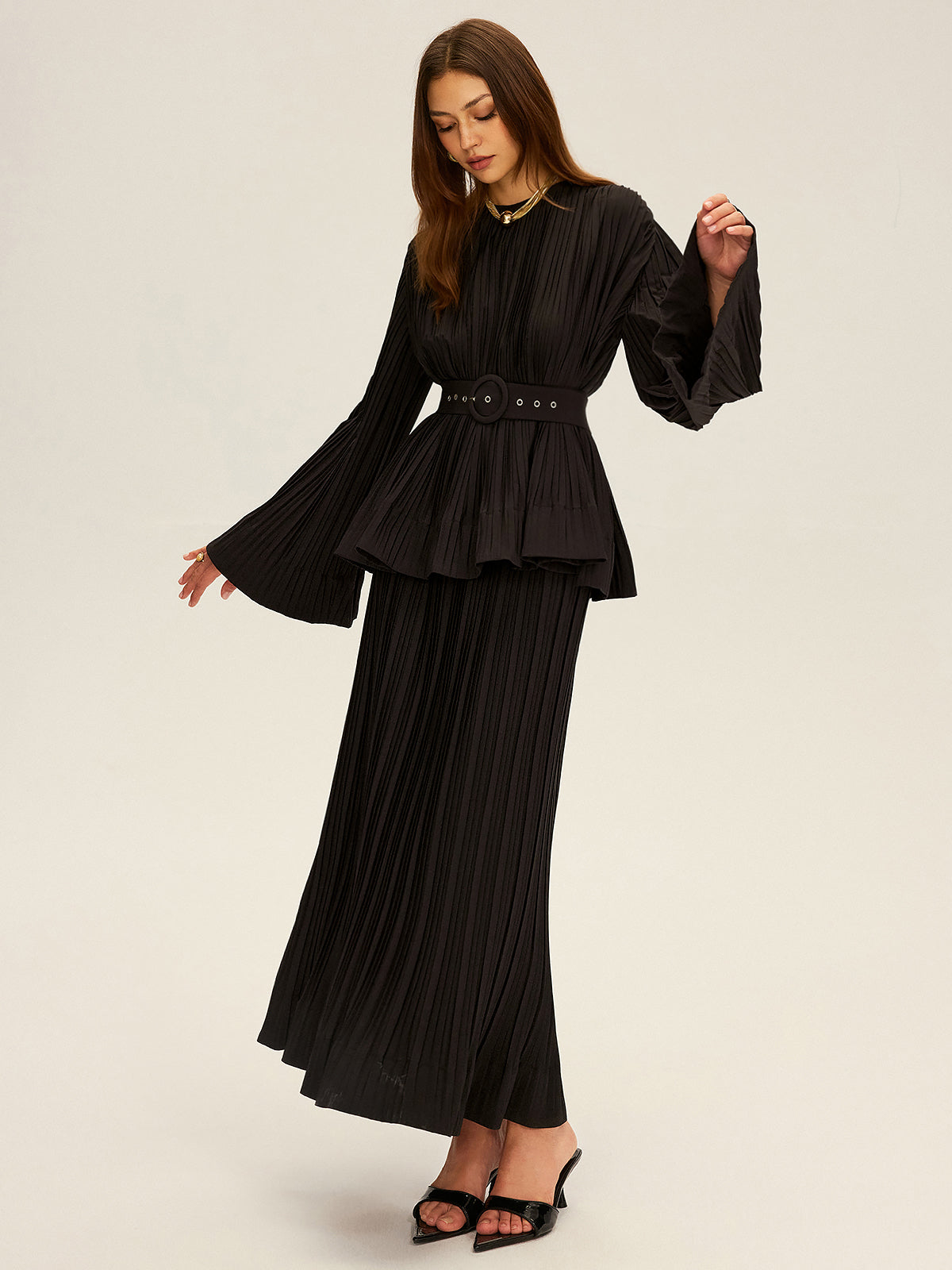 Pileli, Çan Kollu, Kemerli, Peplum Detaylı Bluz