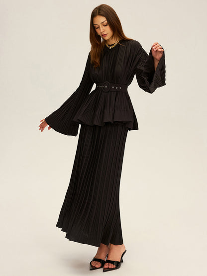 Pileli, Çan Kollu, Kemerli, Peplum Detaylı Bluz