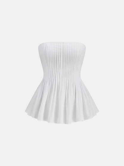 Pamuklu Pileli Askısız Peplum Bluz