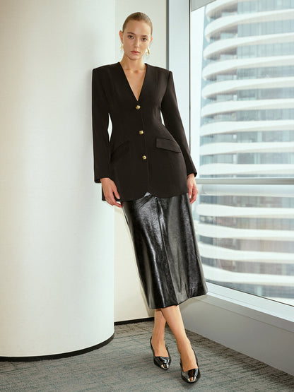 V Yakalı Metal Düğmeli Blazer Ceket