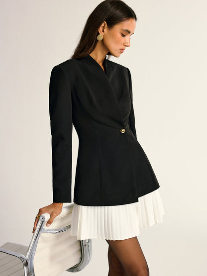 Kontrast Pileli Etekli Blazer Elbise