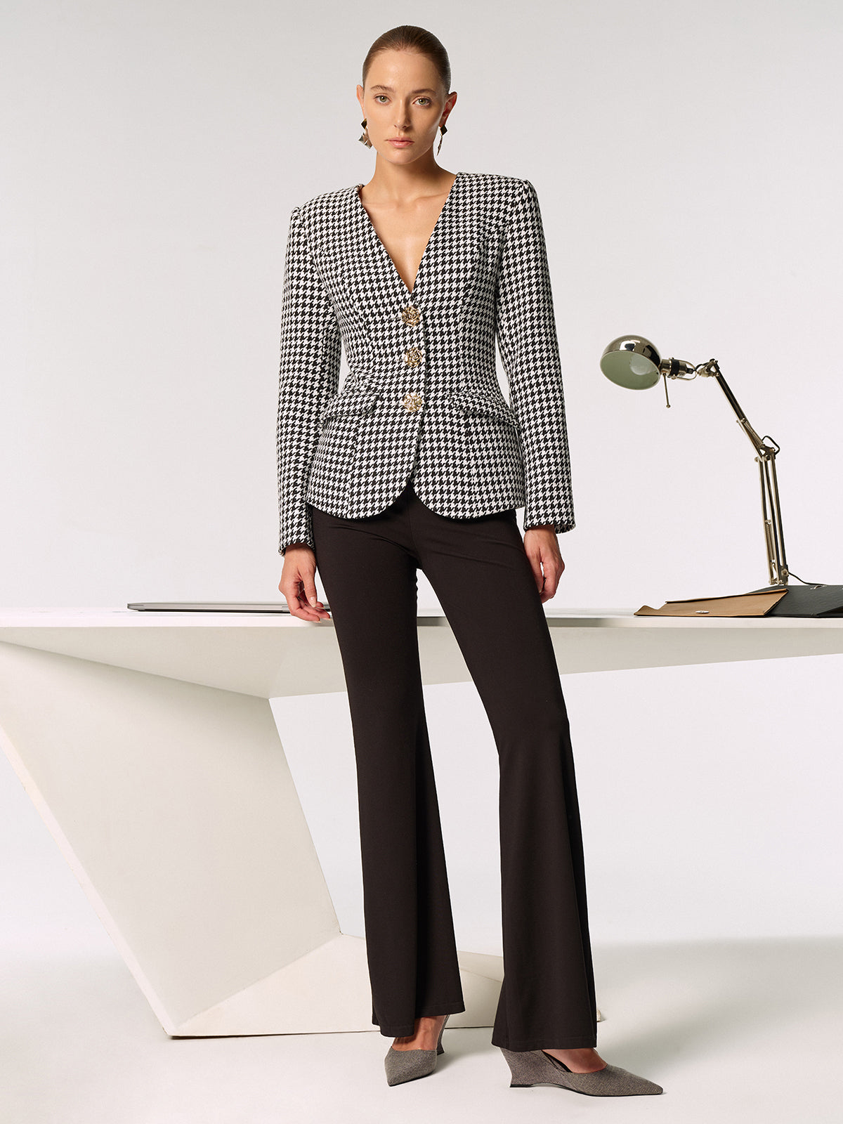 Metal Düğmeli Ekose Blazer Ceket