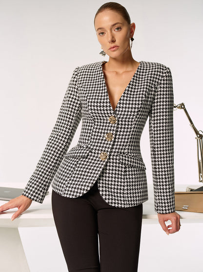 Metal Düğmeli Ekose Blazer Ceket