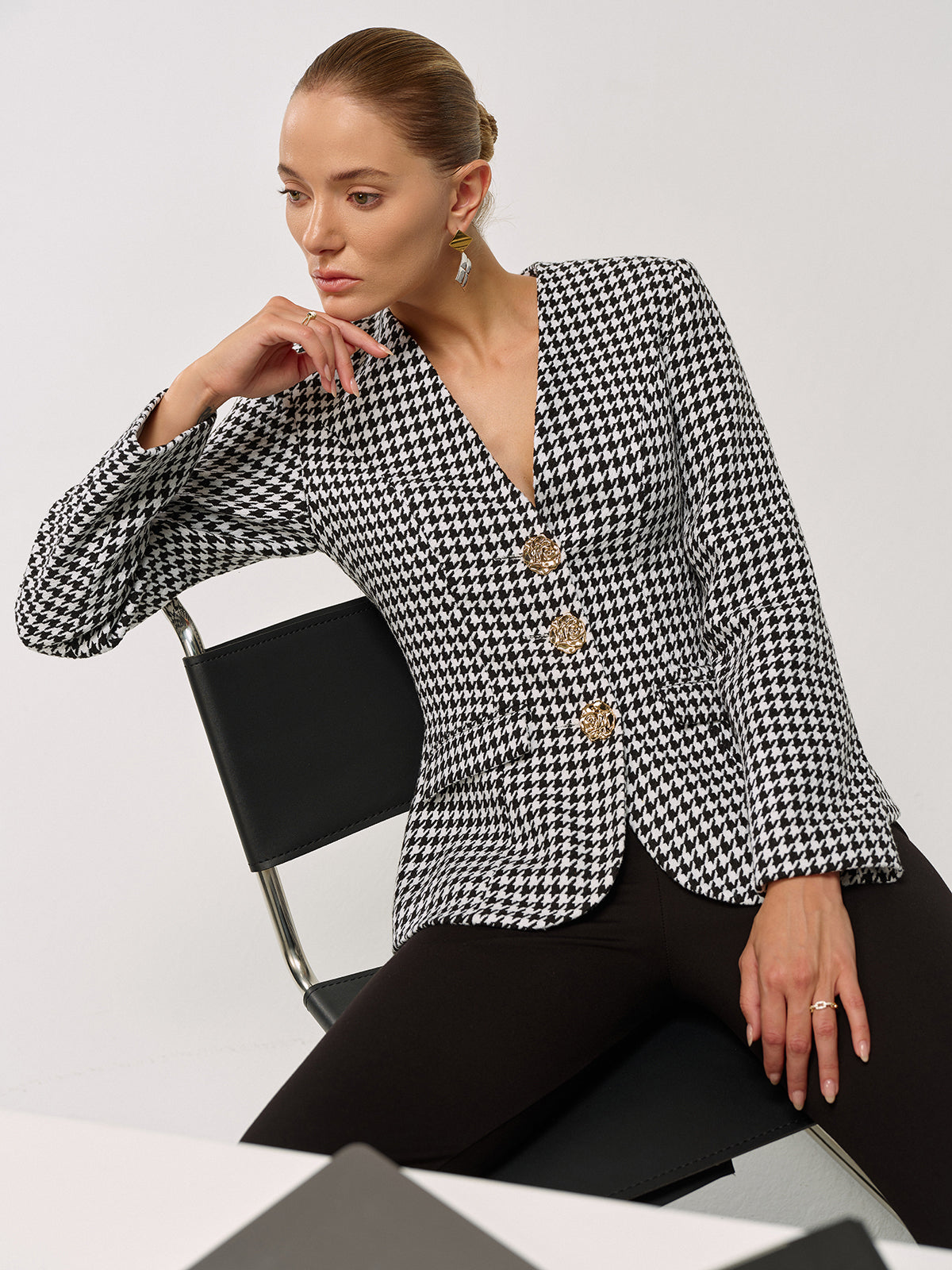 Metal Düğmeli Ekose Blazer Ceket