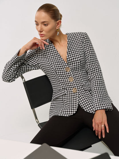 Metal Düğmeli Ekose Blazer Ceket